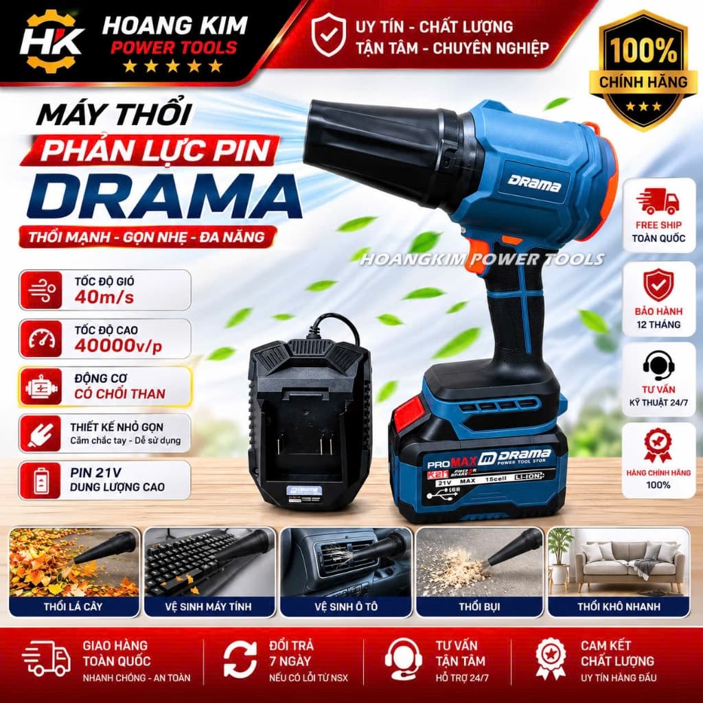Máy Thổi Phản Lực Pin DRAMA 5011CT, Áp Lực Gió 1000g, Giá Tốt - Chân Pin Phổ Thông