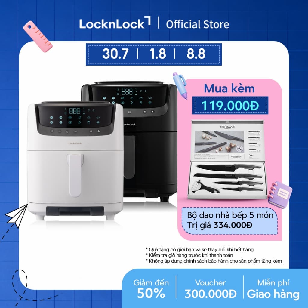 Nồi chiên không dầu & hấp Lock&Lock Steam Air Fryer 7L - màu đen và màu trắng EJF881