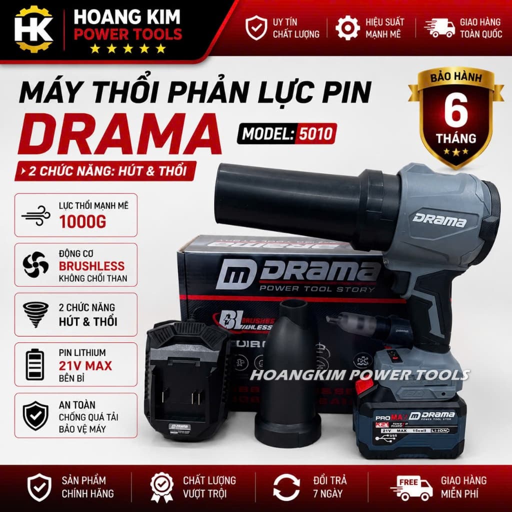 Máy Thổi Phản Lực Kèm Hút Bụi DRAMA 5010, Áp Lực Gió 1000g, 3 Cấp Tốc Độ - Chân Phổ Thông
