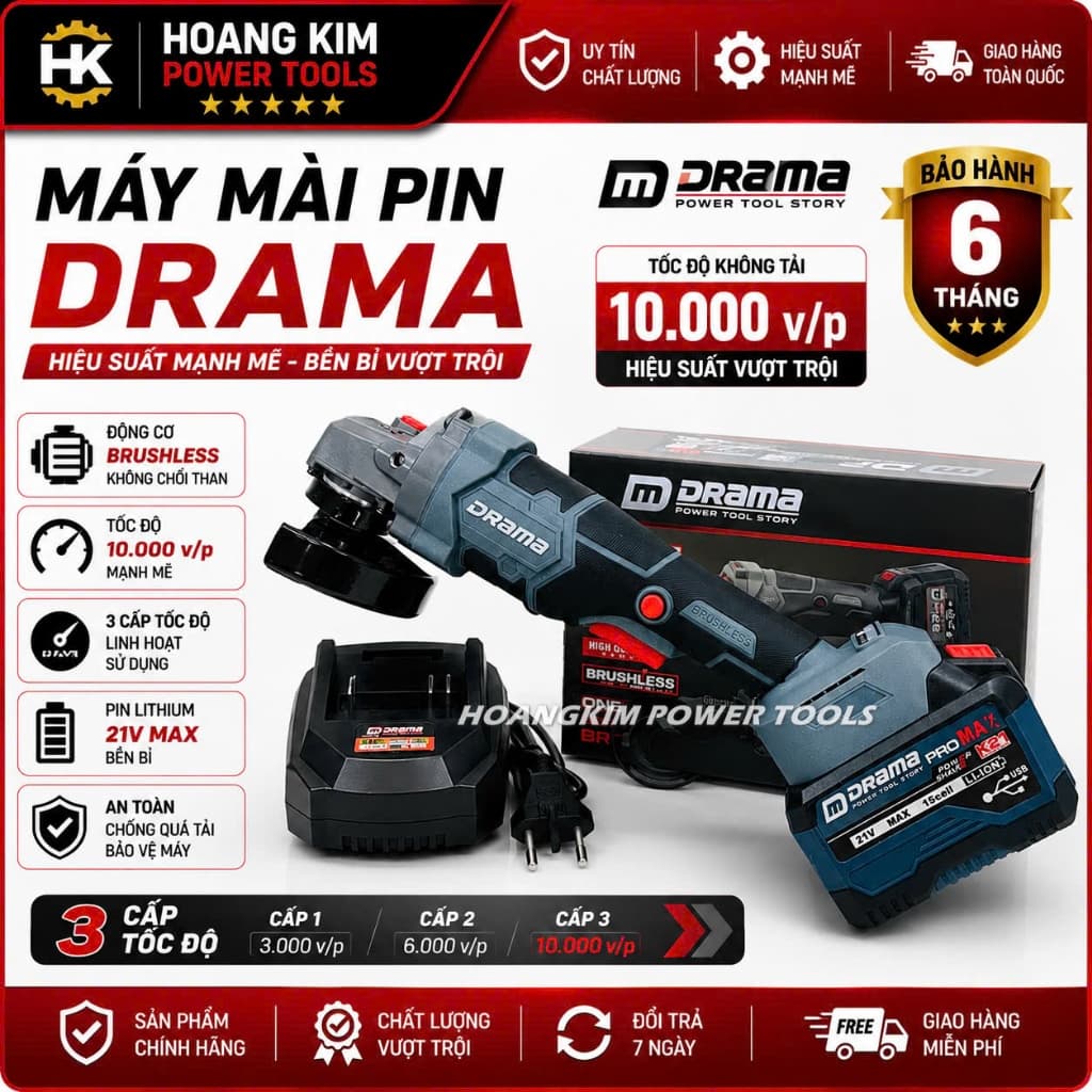 Máy Mài, Máy Cắt Pin DRAMA AG7600PRO Công Tắc Bụng, Không Chổi Than, Motor Ruột Đồng, 3 Cấp Tốc Độ
