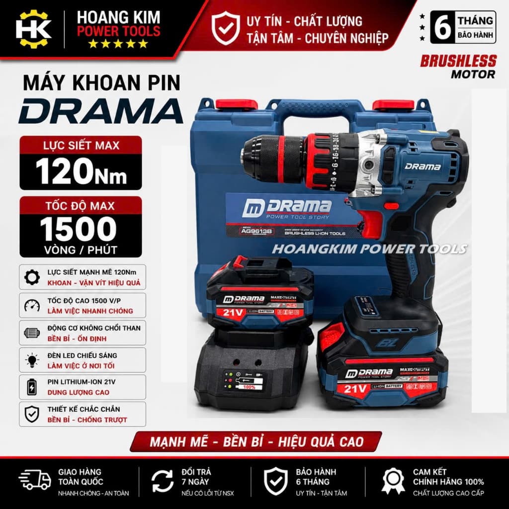 Máy khoan pin DRAMA AG9613B không chổi than, Chuyên khoan tường, sắt, gỗ, bắt vít
