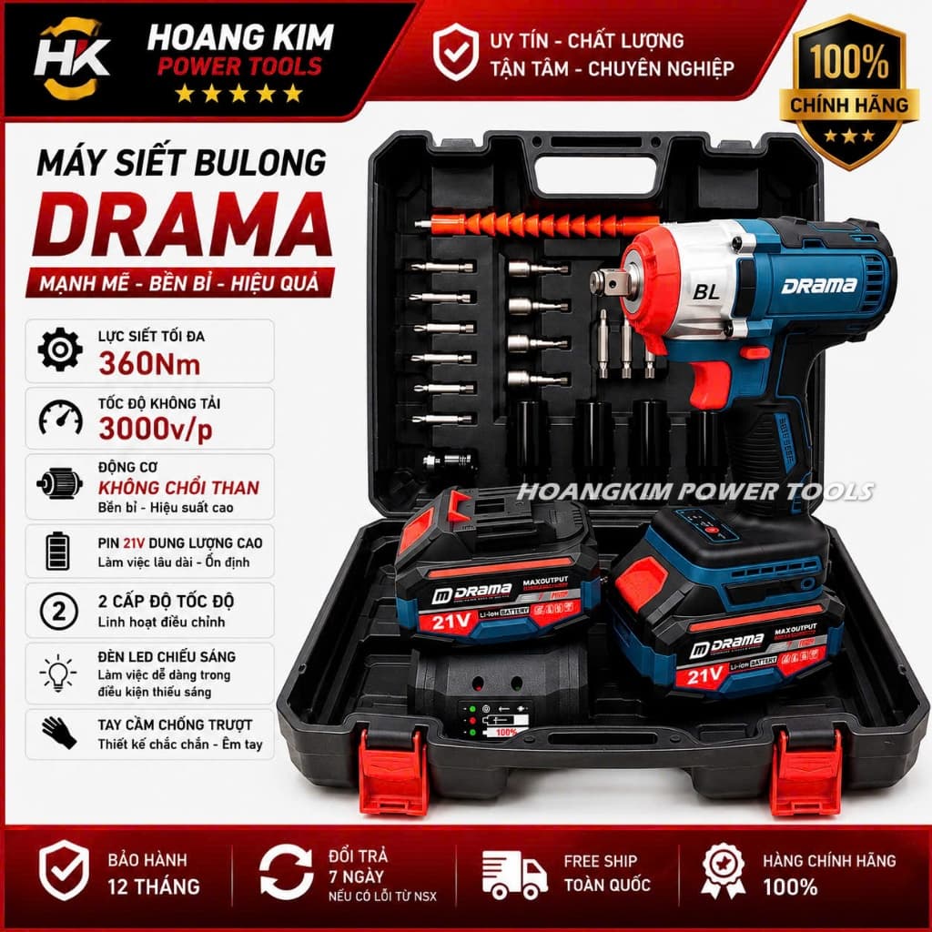 Máy Siết Bulong Pin DRAMA Không Chổi Than, Kèm bộ phụ kiện, Lực Siết 360Nm, Chân Pin Phổ Thông