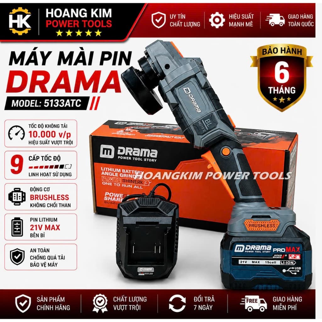 Máy Mài, Máy Cắt Pin DRAMA 5133ATC Công Tắc Bụng, 9 Cấp tốc độ, Không Chổi Than, Motor Ruột Đồng