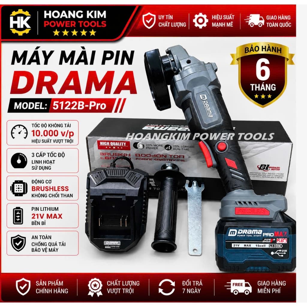 Máy Mài, Máy Cắt Pin DRAMA 5122B-PRO Công Tắc Bụng, Không Chổi Than, Motor Ruột Đồng, 3 Cấp Tốc Độ
