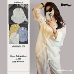 (Dmina) Áo sơ mi nữ tay dài form rộng Dmina vải linen ,Áo Sơmi Nữ Basic Oversize Mềm Siêu mát dễ phối đồ 1