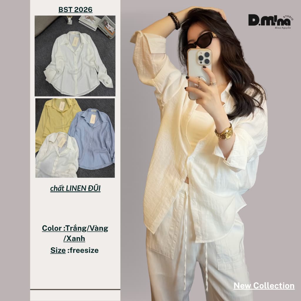(Dmina) Áo sơ mi nữ tay dài form rộng Dmina vải linen ,Áo Sơmi Nữ Basic Oversize Mềm Siêu mát dễ phối đồ
