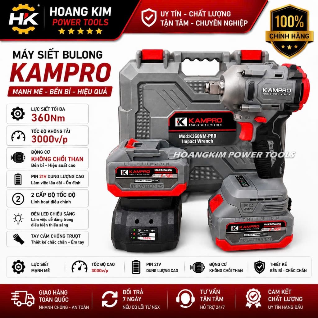 Máy Siết Bulong Pin KAMPRO K360NM-PRO, Không Chổi Than, Lực Siết 360Nm, Chân Pin Phổ Thông