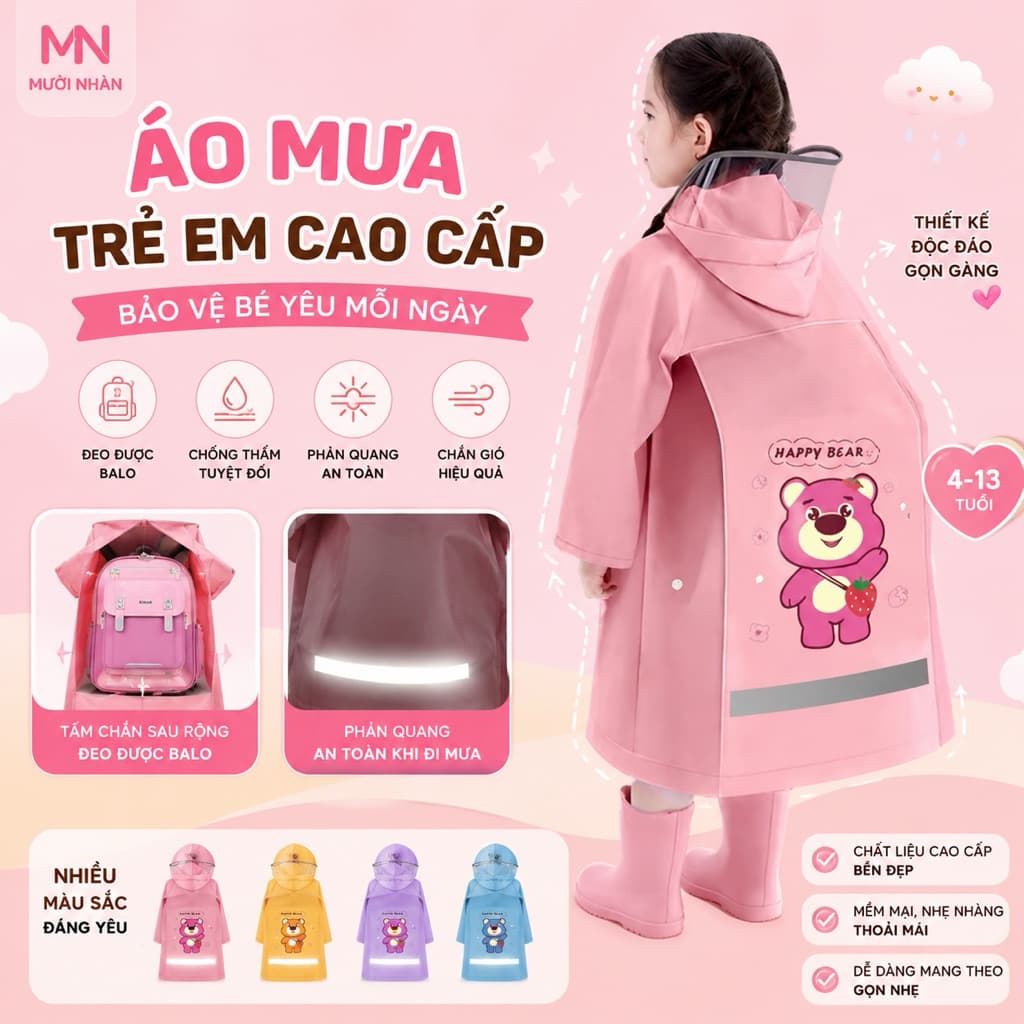 Áo mưa trẻ em 4-13 tuổi cao cấp có tấm chắn đeo được balo gọn gàng, có phản quang phía sau.