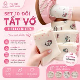 Set 10 đôi Tất Vớ màu kem hello kitty cổ cao phong cách Lolita co giãn dễ thương cotton 4 chiều 1