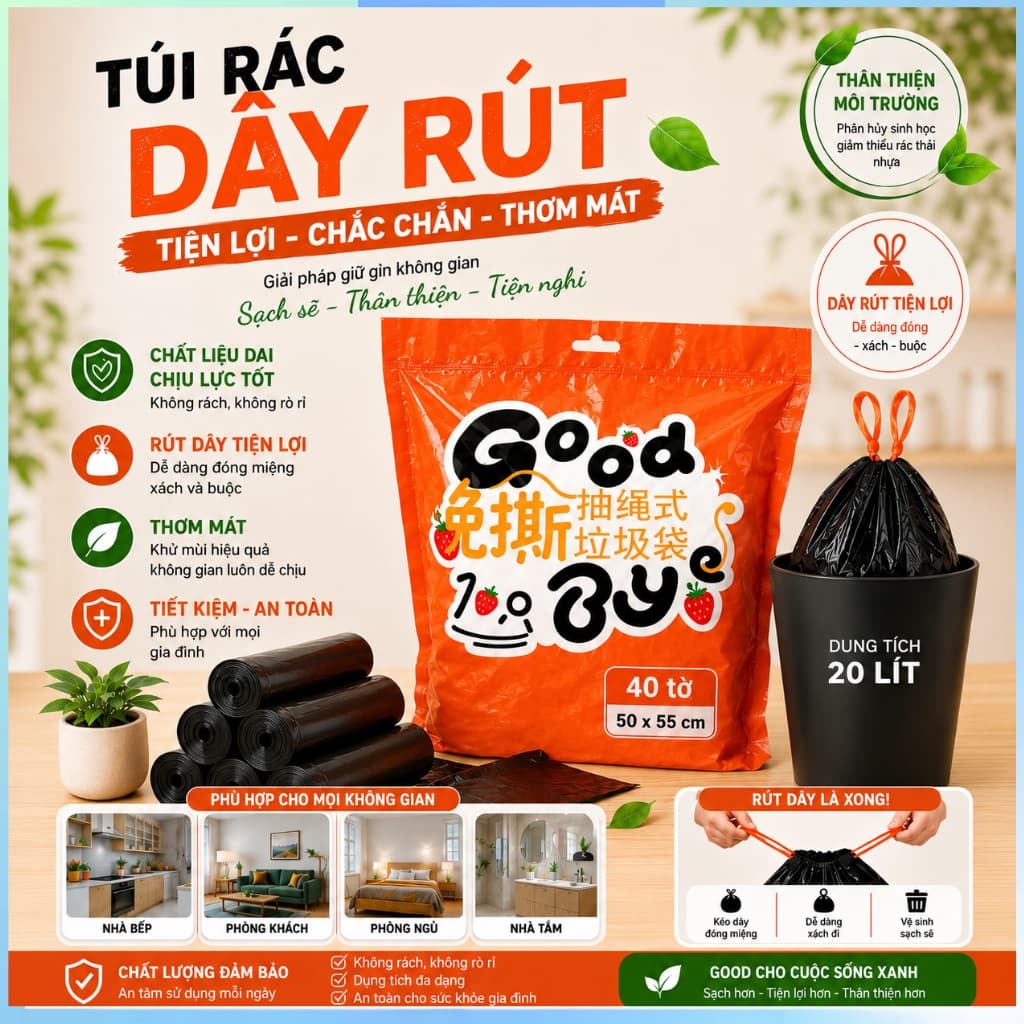 Túi đựng rác Good Bye có quai rút tiện lợi kích thước 50x55cm túi đựng rác tự phân hủy siêu dai 40túi/cuộn/bịch ( Màu đe