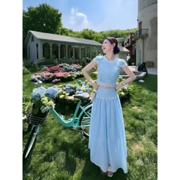 HB -Set Váy Voan Tơ Màu Xanh Nàng Thơ - Áo Croptop Ren Cổ Viền Hoa Kèm Chân Váy Maxi Dáng Dài  S172 2