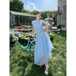 HB -Set Váy Voan Tơ Màu Xanh Nàng Thơ - Áo Croptop Ren Cổ Viền Hoa Kèm Chân Váy Maxi Dáng Dài  S172 1