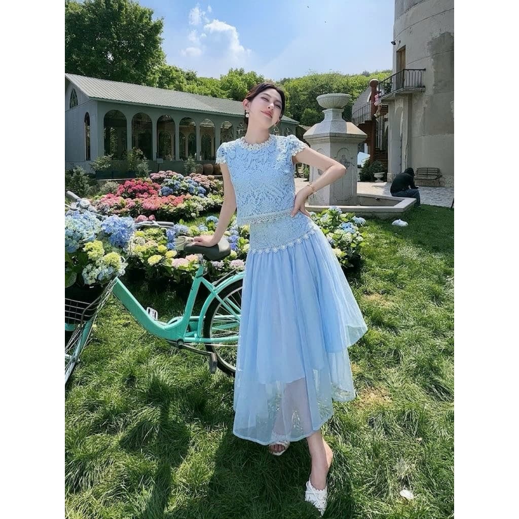 HB -Set Váy Voan Tơ Màu Xanh Nàng Thơ - Áo Croptop Ren Cổ Viền Hoa Kèm Chân Váy Maxi Dáng Dài  S172