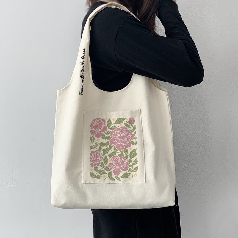 Túi tote túi vải canvas liền thân đeo vai có ngăn ngoài hình hoa nghệ thuật đựng vừa a4 - tuicwh1215