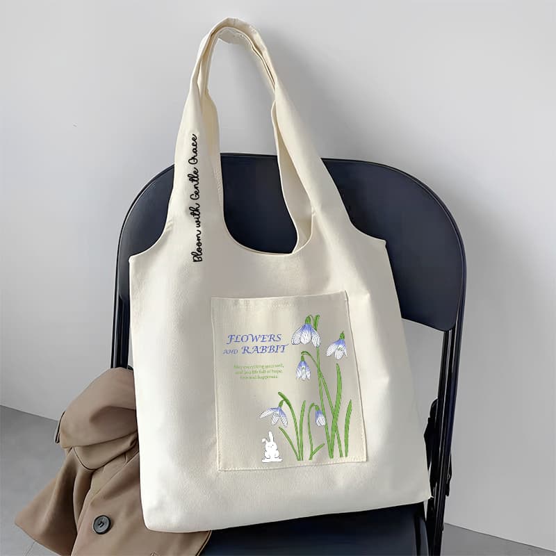 Túi tote túi vải canvas liền thân đeo vai có ngăn ngoài Flowers Rabbit đựng vừa a4 - tuicwh1213