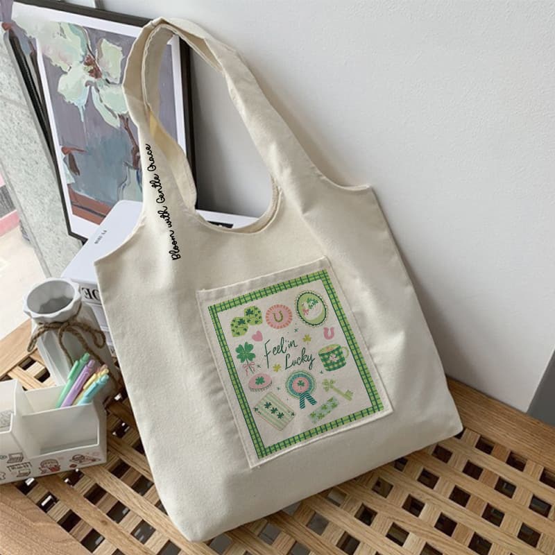 Túi tote túi vải canvas liền thân đeo vai có ngăn ngoài feel in Lucky đựng vừa a4 - tuicwh1216