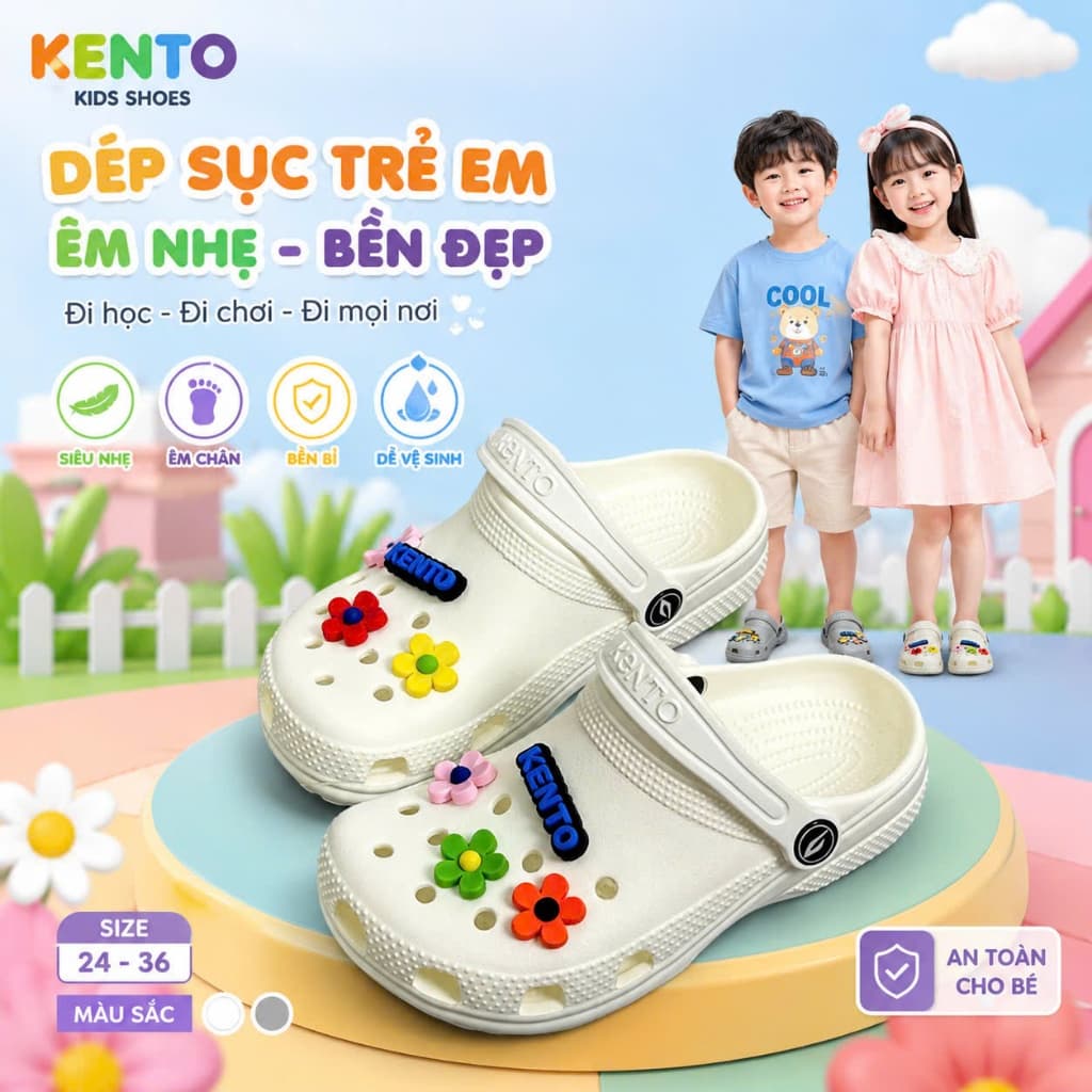 (Tặng Charm) Dép Sục Clog KENTO Cao Cấp Trẻ Em 4-12 Tuổi | Hỗ Trợ Vòm Chân, Chống Trơn.8008