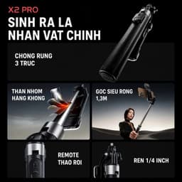 Gậy selfie X2 kiêm chân tripod Dài 1.3m có thể điều chỉnh Xoay 360 độ Điều khiển Bluetooth không dây 3