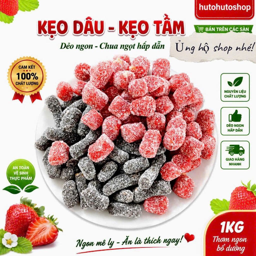 Kẹo Dâu Tây & Dâu Tằm Túi Zipp 400G – Kẹo Dẻo Phủ Đường Chua Ngọt Thơm Ngon, Ăn Vặt Hấp Dẫn, Đóng Gói Tiện Lợi