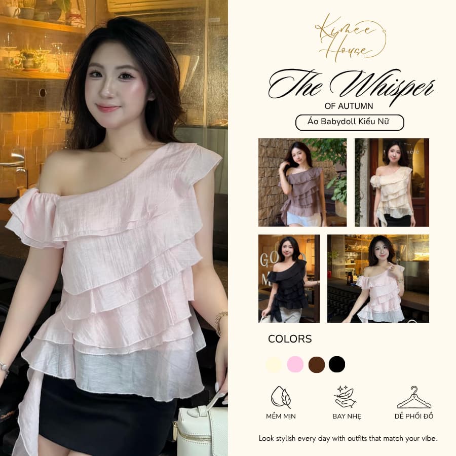 Áo Babydoll Kiểu Nữ Trễ Hở Vai Mặc 2 Kiểu Bèo Nhún Xếp Tầng Đi Biển Muà Hè Kimee - KA877