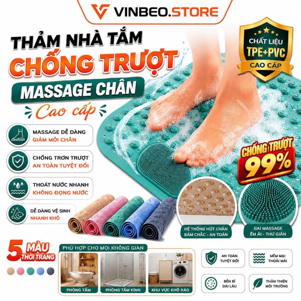 Thảm nhà tắm chống trượt massage chân chất liệuTPE+PVCcao cấp,hút chân không treo tường,có lỗ thoát nước nhanh chóng