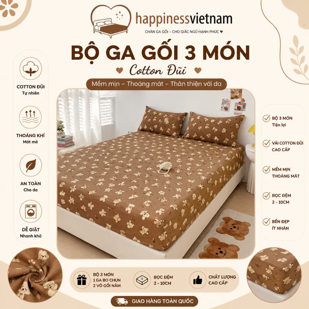 Bộ Ga Gối 3 Món Vải Cotton Đũi Thoáng Mát, Mẫu gấu nâu, Bọc Đệm 2–10cm,Đủ Kích Thước