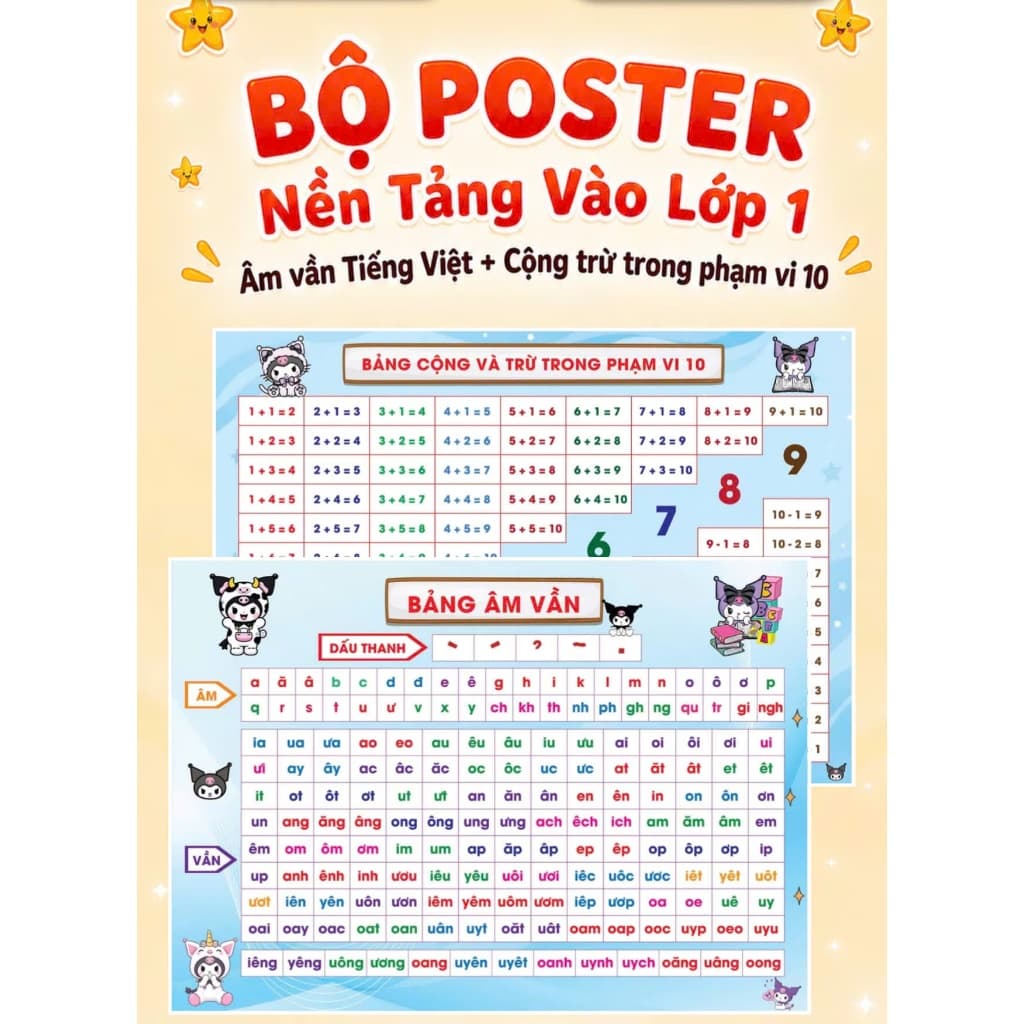 Bảng Học Âm Vần & Bảng Cộng Trừ - Kích thước lớn, Poster dán tường Chuẩn Bộ Kết Nối Tri Thức Cho Bé Lớp 1