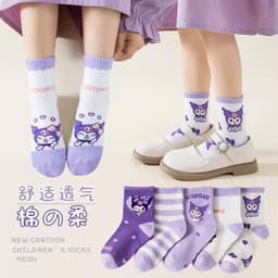 Sét 10 Đôi Tất Vớ Hoạt Hình Kuromi -Tất Cotton Tím Cổ Cao -Phong Cách Hàn Quốc Dành cho bé 1-12 tuổi 7
