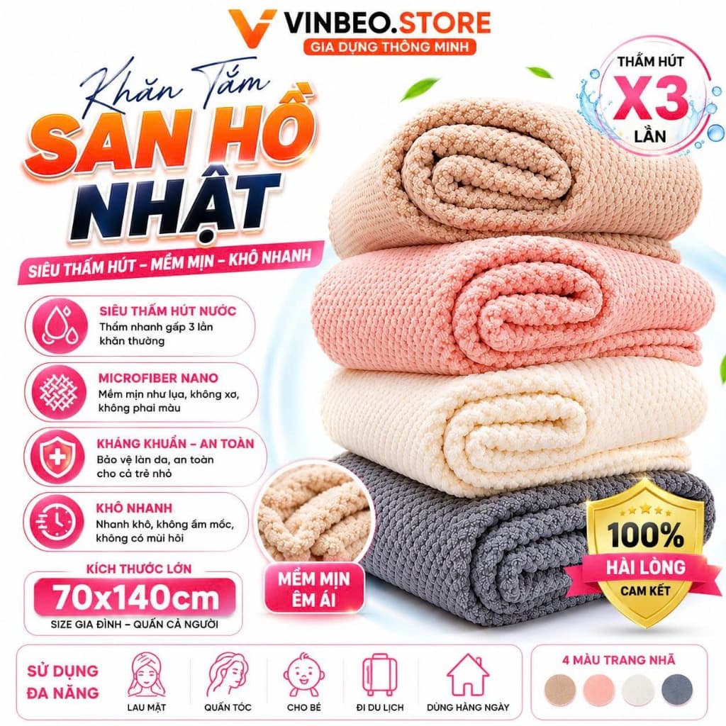 Khăn tăm thêu hình gấu thỏ hoạt hình đáng yêu,kích thước lớn 70x140cm Dày,Mềm Mại,Thấm hút tốt - VINBEO