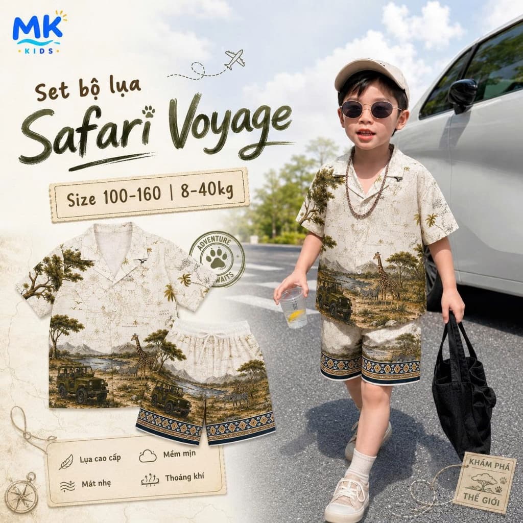 Set Bộ Bé Trai Safari Voyage MK Kids Áo Sơ Mi Cộc Tay Đi Chơi Mùa Hè Chất Lụa Mịn Thoáng Mát 2-10 Tuổi