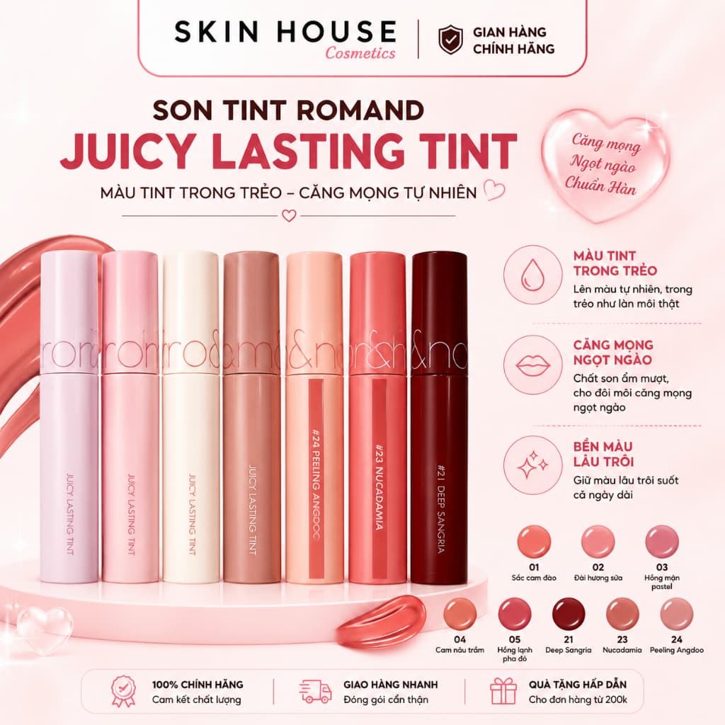 Son Tint Bóng Rom&nd Juicy Lasting Tint Chính Hãng Căng Mọng Lâu Trôi Nhiều Màu Hot Trend Skin House