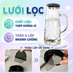 Bộ Bình Cốc Thủy Tinh Chịu Nhiệt 1.8L Kèm 6 Ly 300ML, Bình Nước Nắp Inox, Họa Tiết Nổi Sang Trọng Dùng Gia Đình 7