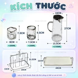 Bộ Bình Cốc Thủy Tinh Chịu Nhiệt 1.8L Kèm 6 Ly 300ML, Bình Nước Nắp Inox, Họa Tiết Nổi Sang Trọng Dùng Gia Đình 8