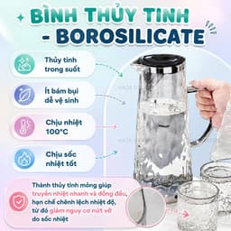 Bộ Bình Cốc Thủy Tinh Chịu Nhiệt 1.8L Kèm 6 Ly 300ML, Bình Nước Nắp Inox, Họa Tiết Nổi Sang Trọng Dùng Gia Đình 2