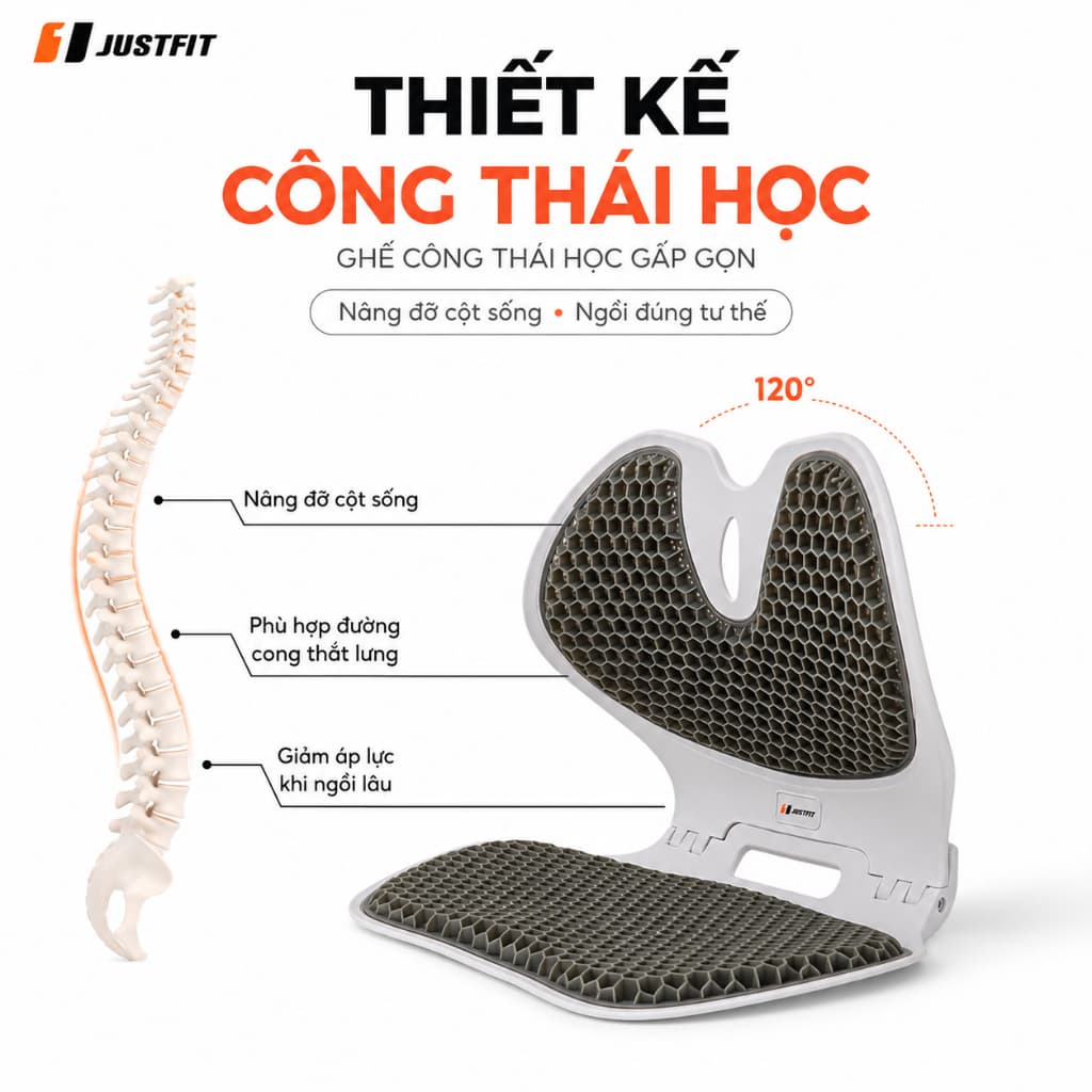 Ghế Công Thái Học JUSTFIT Gấp Gọn Nâng Cấp, Êm Ái chống mỏi gù lưng, chỉnh tư thế định hình cột sống,