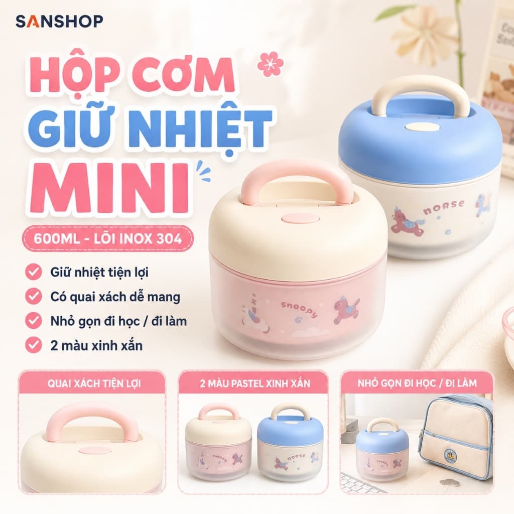 Hộp Cơm Giữ Nhiệt Mini 600ml Lõi Inox 304 Có Quai Xách Đáng Yêu Cho Văn Phòng Đi Học Sanshop