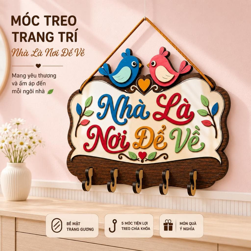 Móc Gỗ Treo Chìa Khóa Decor [Nhà Là Nơi Để Về] - Móc Treo Đồ Đa Năng Trang Trí Tường