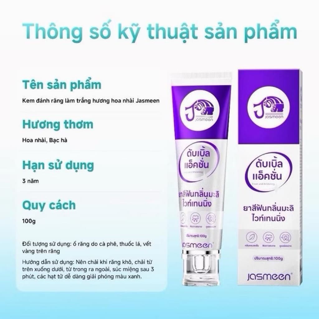 Kem Đánh Răng Làm Trắng Răng JASMEEN Thaij Lan - Công Nghệ Tím Quang Học Đánh Bay Ố Vàng, Hơi Thở Thơm Mát 24H