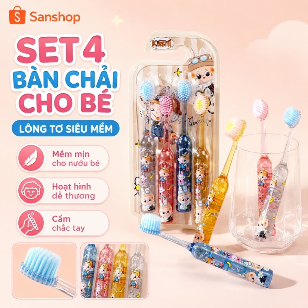 Set 4 Bàn Chải Đánh Răng Cho Bé Lông Tơ Siêu Mềm Mịn Kashi Hoạt Hình Sanshop