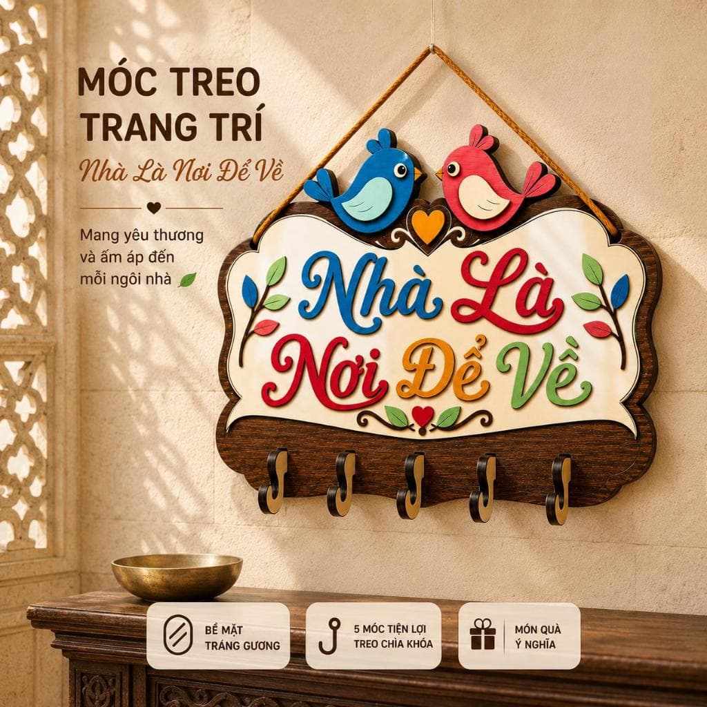 Móc Treo Chìa Khóa Bằng Gỗ [Nhà Là Nơi Để Về] - Decor Mọi Không Gian, Tiện Lợi, Đa Năng,...