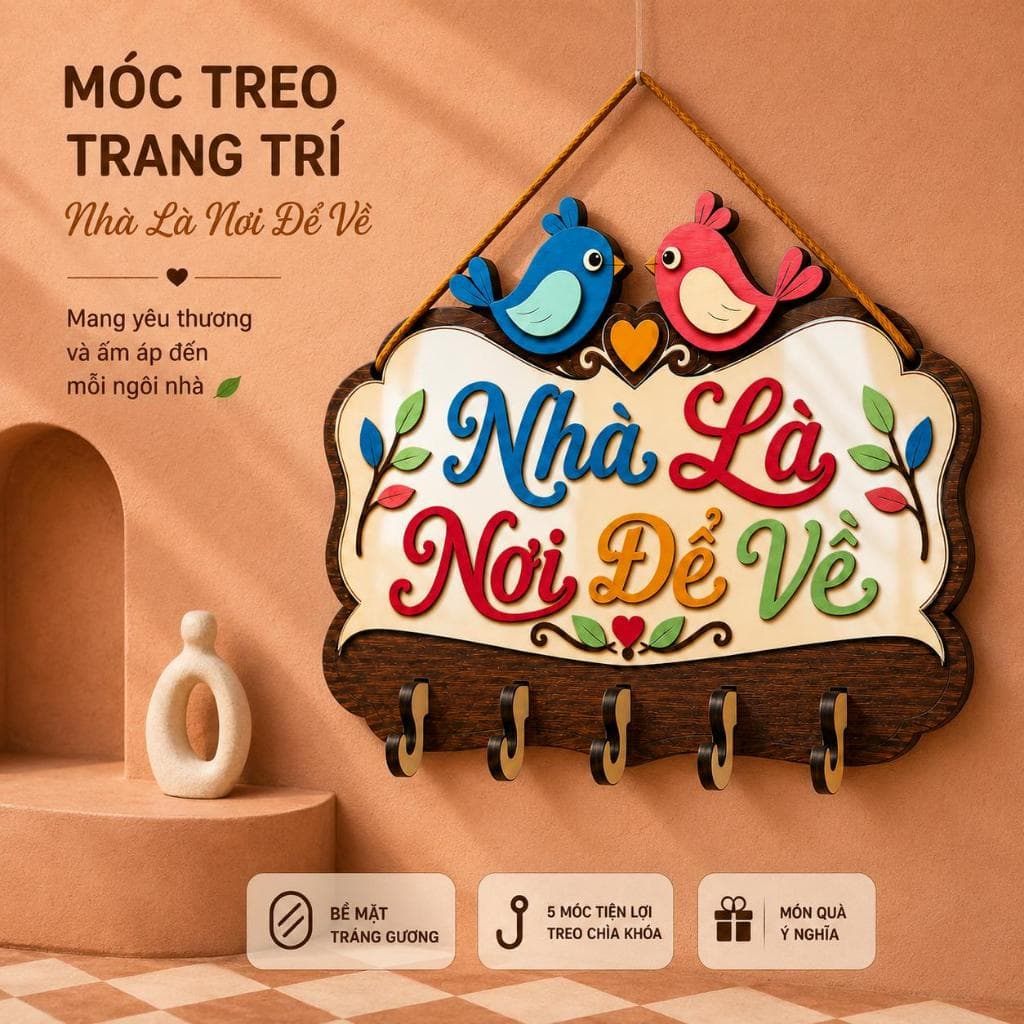Bảng Gỗ Treo Đồ Đa Năng 5 Móc [Nhà Là Nơi Để Về] - Decor Tiện Ích Phòng Khách