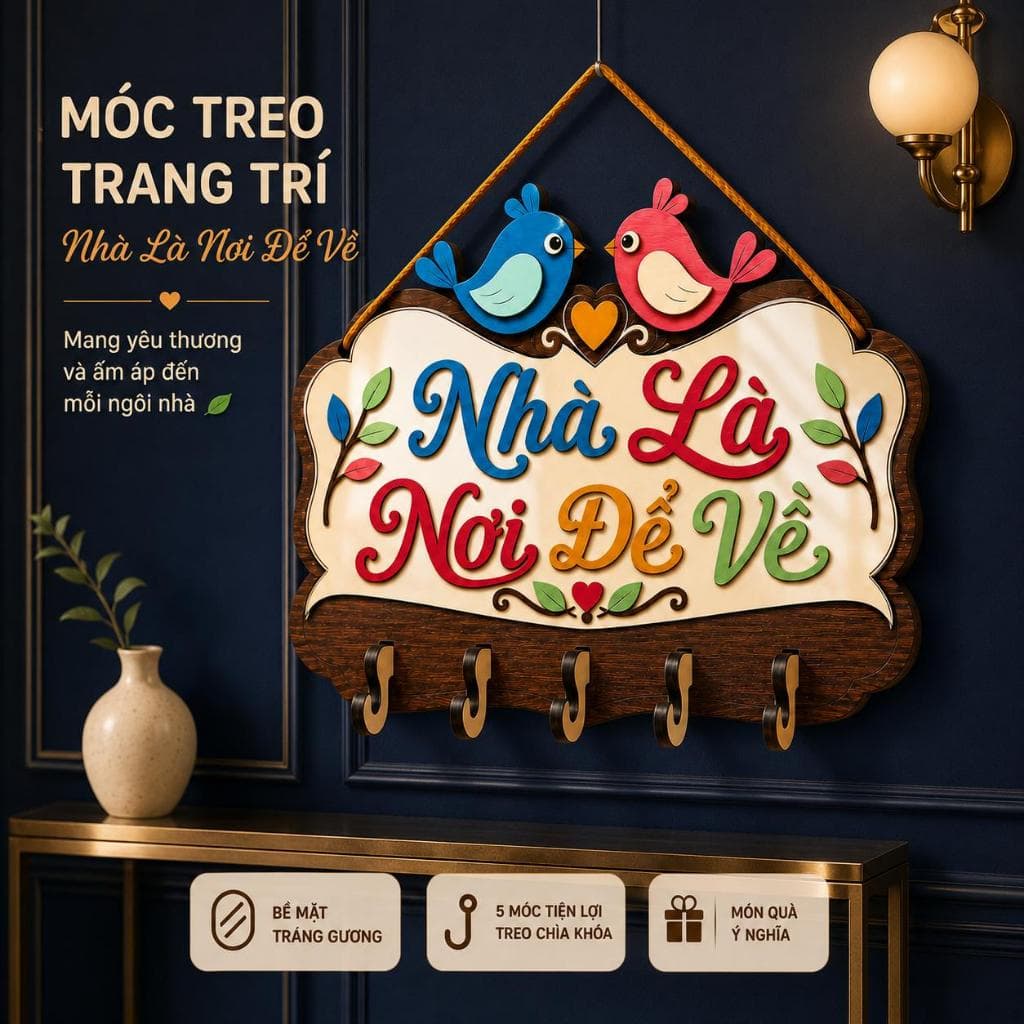 Móc Treo Gỗ Treo Chìa Khóa Có Khắc Chữ [Nhà Là Nơi Để Về] Làm Quà Tặng Tân Gia, Khai Trương,...
