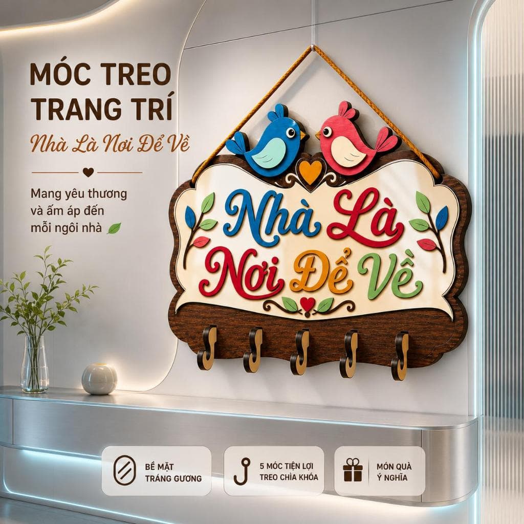 Bảng Gỗ Treo Chìa Khóa [Nhà Là Nơi Để Về] - Thông Minh Tiện Lợi Cho Phòng Khách Đẹp