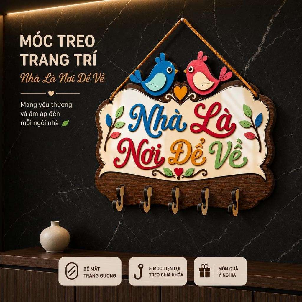 Bảng Gỗ Treo Chìa Khóa [Nhà Là Nơi Để Về] - Decor Thông Minh, Tiện Lợi