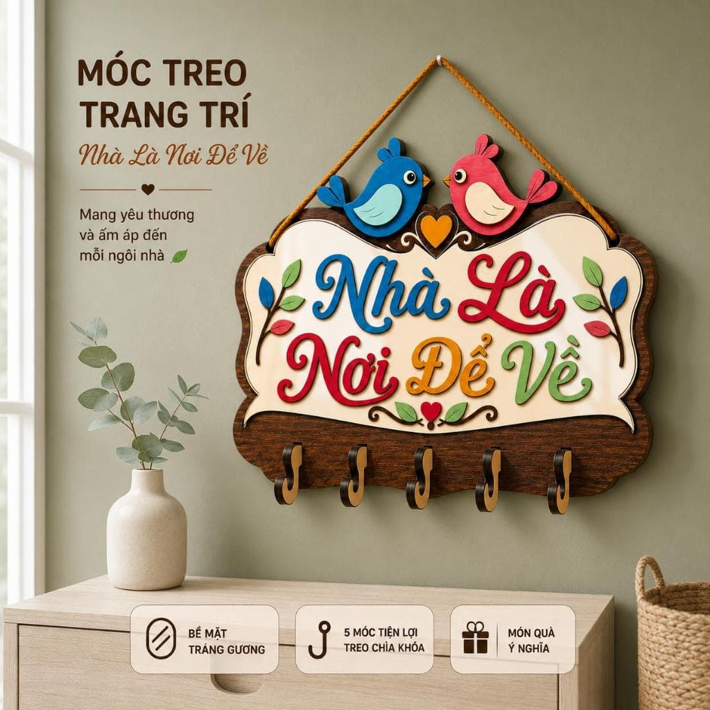 Bảng Gỗ Decor [Nhà Là Nơi Để Về] Kèm Móc Treo Đồ Nhỏ Gọn, Tiện Lợi Cho Gia Đình