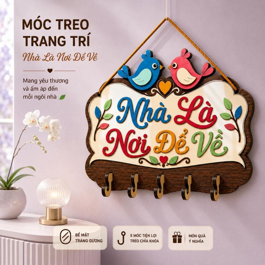 Kệ Gỗ Treo Chìa Khóa Tường [Nhà Là Nơi Để Về] - Móc Treo Đồ Decor Không Gian Sống Ấm Áp