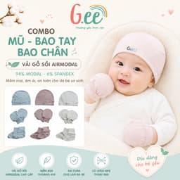 Set mũ, bao chân, bao tay sơ sinh Gee vải gỗ sồi cao cấp, phụ kiện sơ sinh mềm mịn, an toàn cho da 1