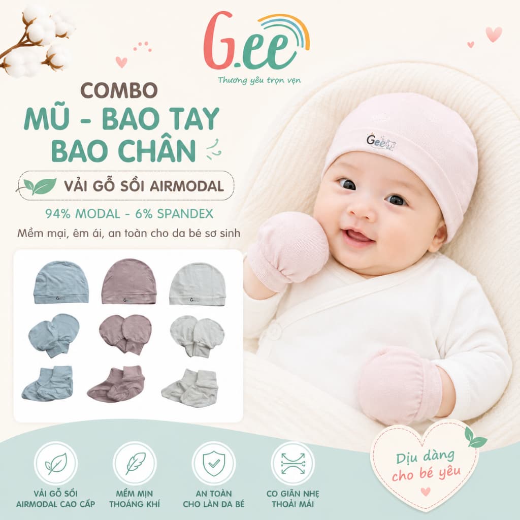 Set mũ, bao chân, bao tay sơ sinh Gee vải gỗ sồi cao cấp, phụ kiện sơ sinh mềm mịn, an toàn cho da