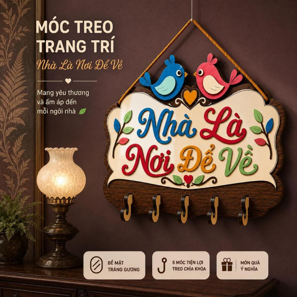 Bảng Treo Chìa Khóa Chống Quên [Nhà Là Nơi Để Về] - Móc Treo Đồ Gỗ Trang Trí Tường Phòng Khách