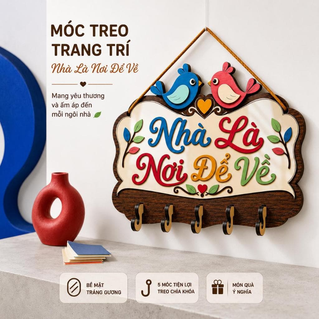 Móc Treo Chìa Khóa Gỗ Cao Cấp [Nhà Là Nơi Để Về] - Đồ Trang Trí Tường Phòng Khách Tinh Tế